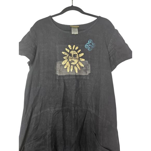 Vintage 90s Blue Cactus L Black Full Length Linen Lagenlook Dress Whimsygoth - Picture 2 of 6